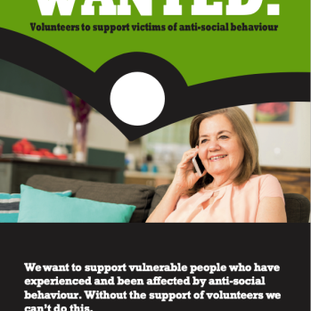 Poster about volunteering - Wanted! written at the top and a woman smiling underneath.