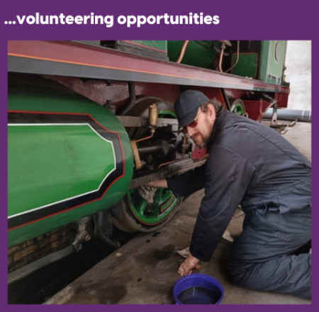 Text: looking to volunteer above an image of a man clean parts of a steam train
