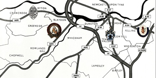 An old map of the Borough of Gateshead featuring crests of the different localities.