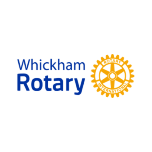 Whickham Rotary in blue text by a yellow rotary wheel.