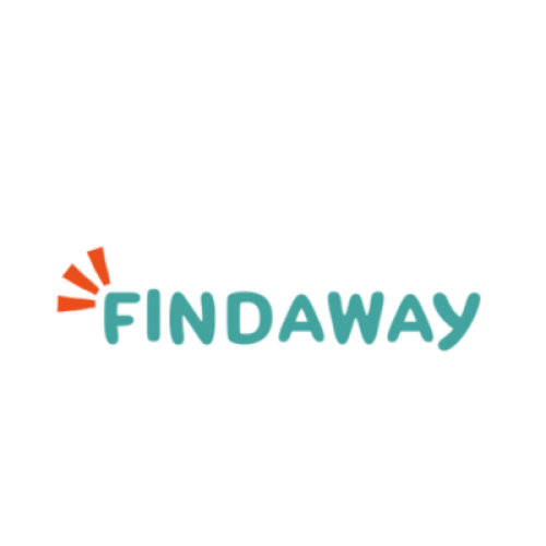 The Findaway logo. Findaway text in a light blue with orange accents