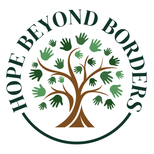 An illustrated tree with hand prints instead of trees. Hope Beyond Borders is written around the tree.