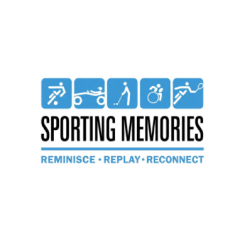 Sporting memories logo. With images of various people playing sports such as football, golf, wheelchair rugby and tennis. Text reads Sporting Memories. Reminisce, Replay, Reconnect
