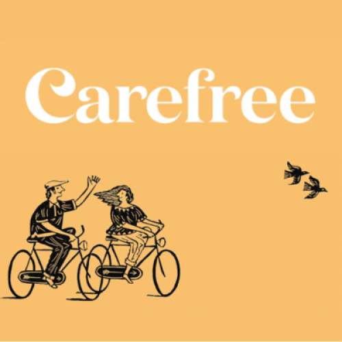 The word care free above a cartoon image of a couple riding bicycles 