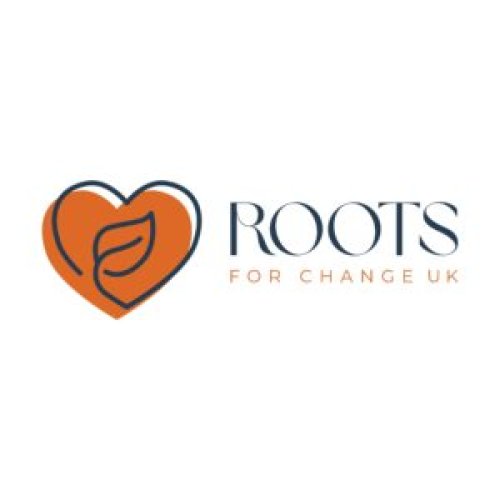 The words roots for change beside an orange heart with a leaf in the centre 