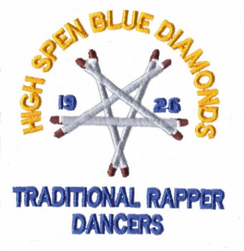 Embroidered logo with rappers crossed in a star, yellow text arched above with the name, 'traditional rapper dancers' written below in blue