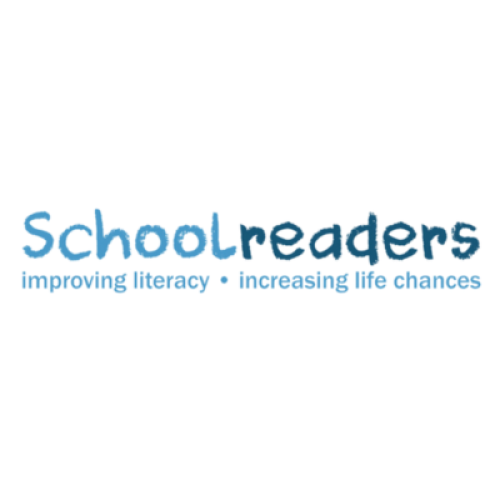 Logo - light and dark blue writing that says Schoolreaders, improving literacy, increasing life chances