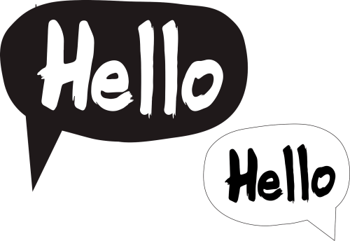 Two speech bubbles saying hello, one bigger white on black and one smaller black on white.