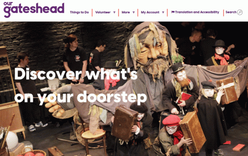 A screenshot of the OurGateshead website home page, fatureing the menu over a picture from the lawnmowers Independent theatre company 