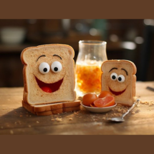 Comical Picture of 2 slices of toast on a table and they both have funny faces smiling