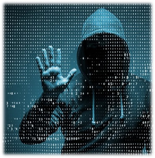 a hooded individual, you cant see their face, standing with binary numbers overlaid on the top