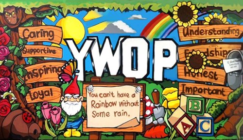 YWOP surrounded by signposts offering support.