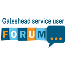 Shades of blue and orange logo with words Gateshead Service User Forum on
