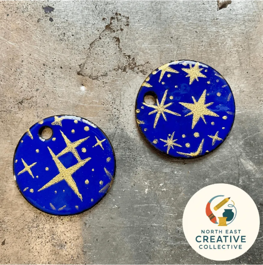Blue Enamelled Discs with a Gold Star Pattern for Earrings
