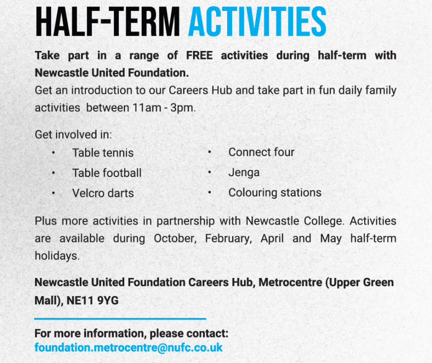 Free Half Term Activities at Metrocentre Careers Hub