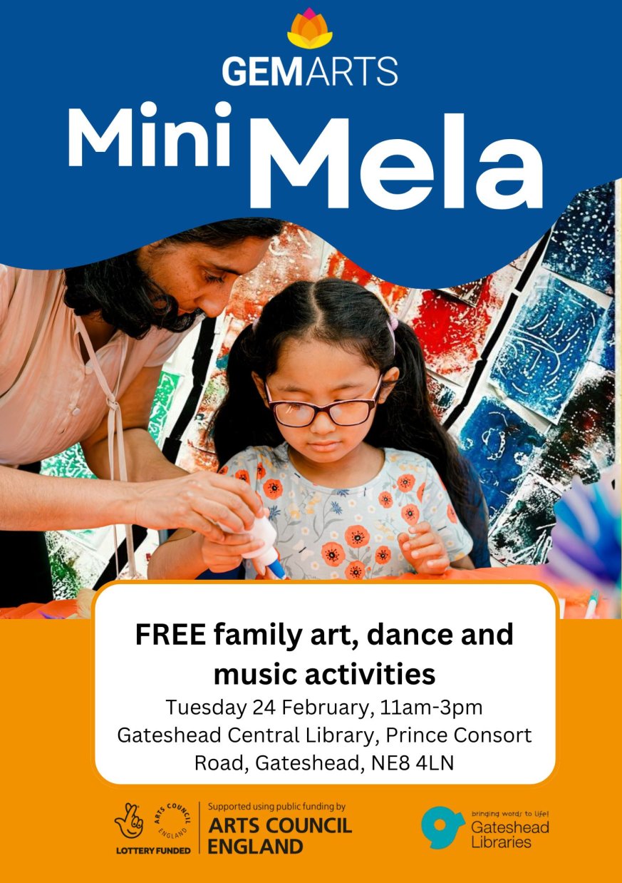 Mini Mela- FREE family art, dance and music activities Tuesday 24 February, 11am-3pm Gateshead Central Library, Prince Consort Road, Gateshead, NE8 4LN