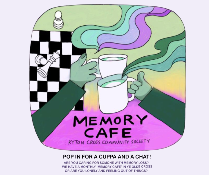 Picture of cups and chessboard and advertising Memory Cafe