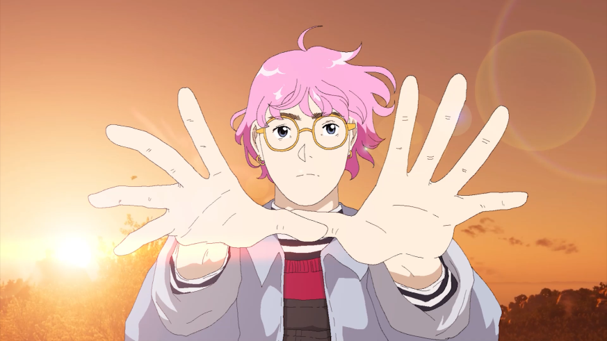 An illustration of a pink haired boy reaching out towards the screen. Behind him is a sunset.