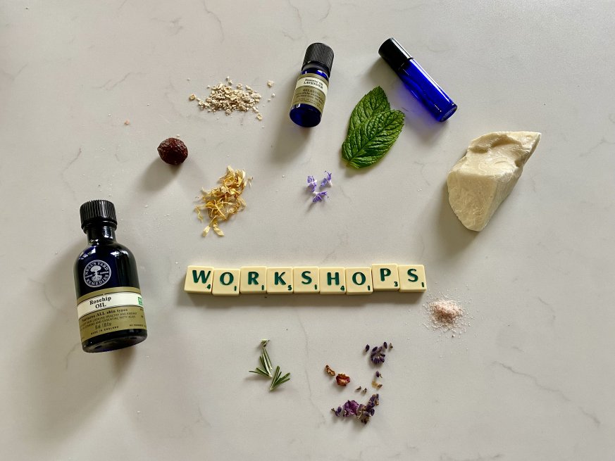 In the centre, the words 'WORKSHOPS' is spelt out with ceramic letters. Surrounding this word are various flora and herbs.