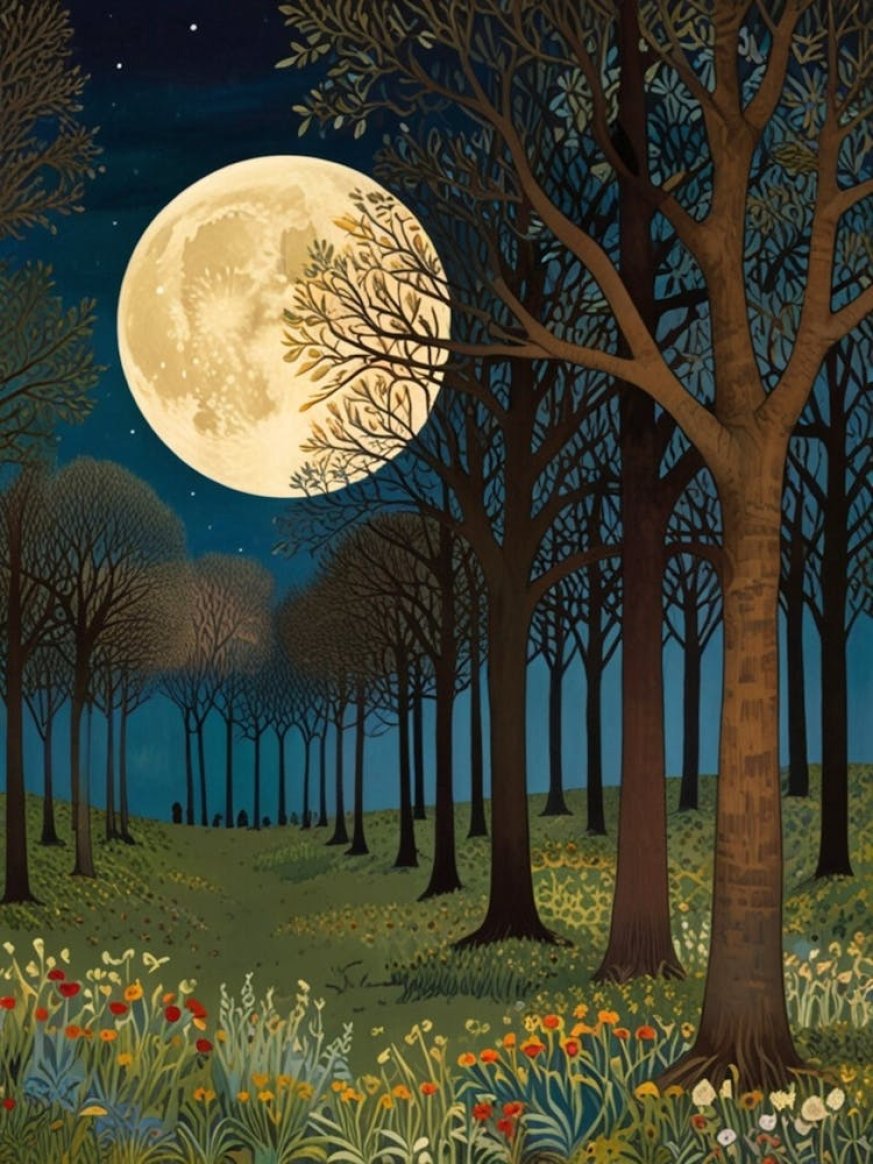 William Morris print trees and moonlight