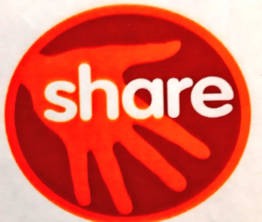 Red hand with word share written through it