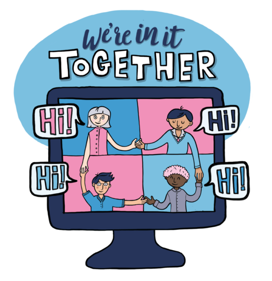 Text that says "we're in it together". 4 people holding hands on a computer screen, walking side by side, symbolising unity and support.