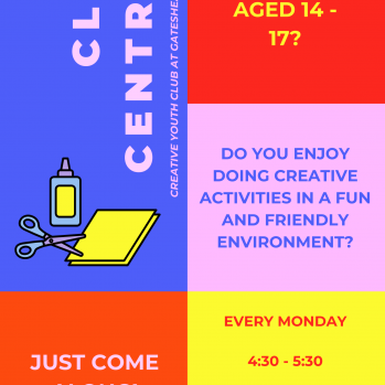 A bright and bold poster that shows information about a Creative Youth Club called Club Central. The information reads that it is held at Gateshead Central Library, every Monday 4:30 - 5:30 and it is for 14-17 year olds. There is also a picture of some scissors, glue and paper.  