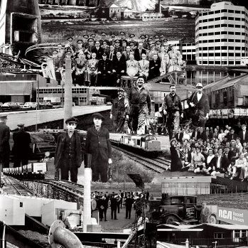 A black and white photo montage art piece, with photos from various time periods around Gateshead. The sky in the photo montage is bright purple.