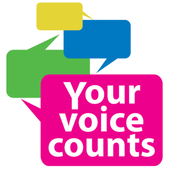 The picture for the Your Voice Counts charity, which is the words Your Voice Counts inside a speech bubble, with other speech bubbles around it