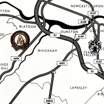 An old map of the Borough of Gateshead featuring crests of the different localities.