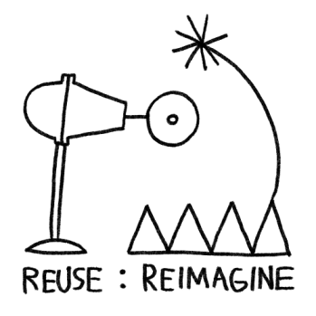 The image consist of a logo of two cartoon sculptures. At the bottom of the sculptures, it reads REUSE : REIMAGINE.
