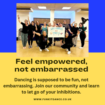 A community of dancers on the dancefloor together after a successful dance together.