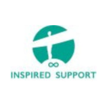 A teal coloured circle with a white silhouette of the angel of the north, the words Inspired Support bellow the image. 