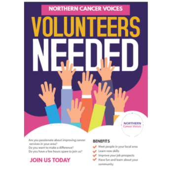 Poster saying volunteers needed with lots of raised hands