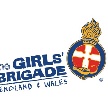 Girls Brigade Logo with crest: white cross on red background and crown on top.