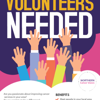 Poster saying volunteers needed with lots of raised hands