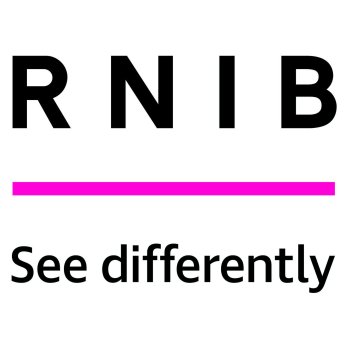 RNIB logo in black capitals on white background. See differently in black under a neon pink line.