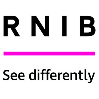 RNIB written in black capital letters, see differently written underneath a pink neon line.