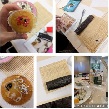 collage of images showing Japanese Food Activities including sushi rolling and decorated cupcakes.