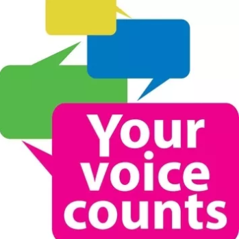 your voice counts logo, multicoloured square speech bubbles