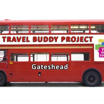 Red double decker bus with Travel Buddies written on side