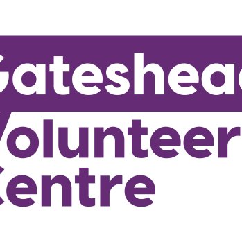 Gateshead written in white on purple box, volunteer centre underneath in purple on white background.